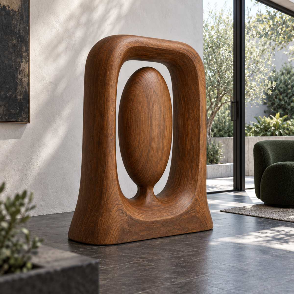 Suspended Core — Teak Floor Sculpture