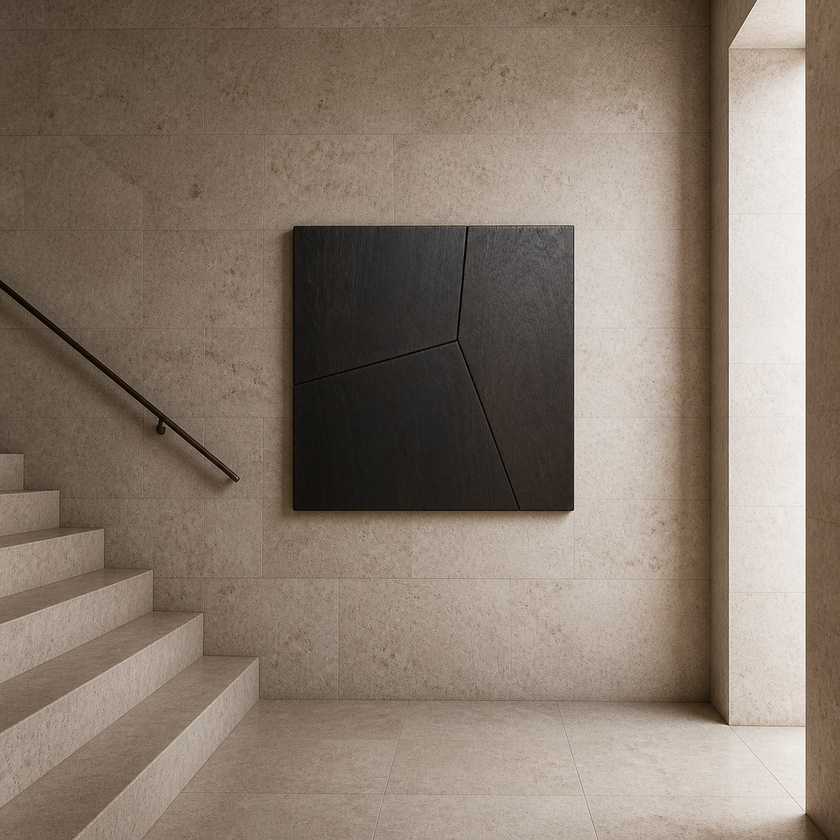 Fragmented Plane Relief, carved teak wood wall art — interior view