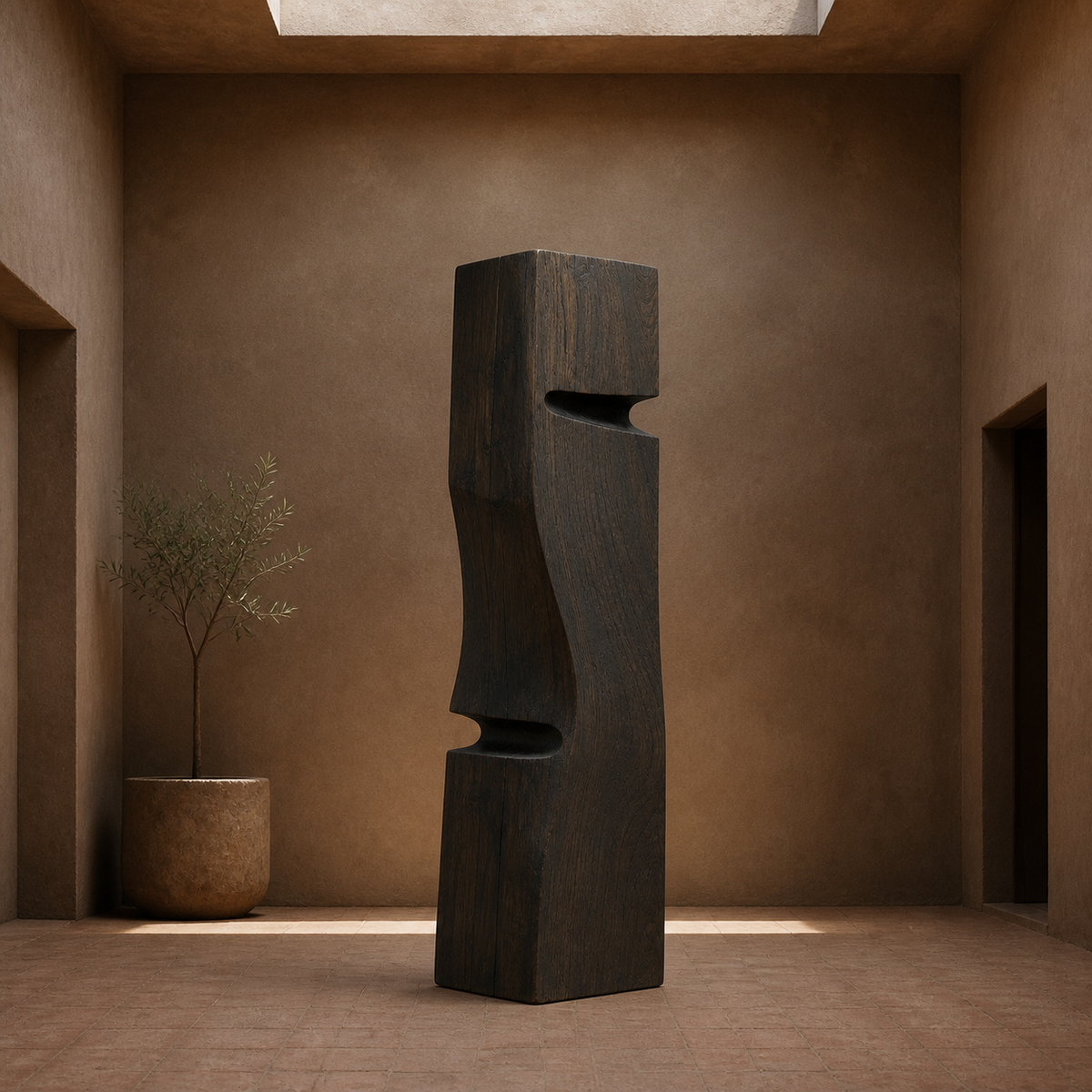 Crosscurrent Totem, teak wood floor sculpture — interior view