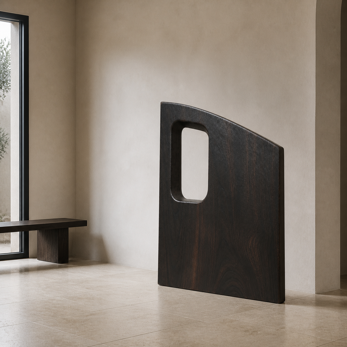 Offset Portal, teak wood floor sculpture — interior view