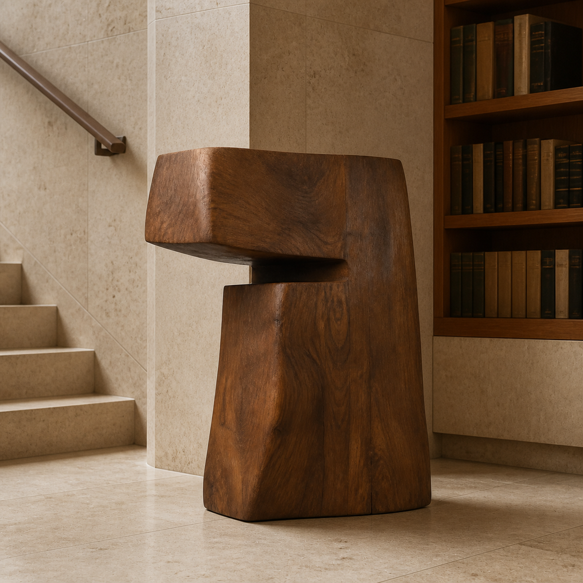 Overhang Monolith, teak wood floor sculpture — interior view