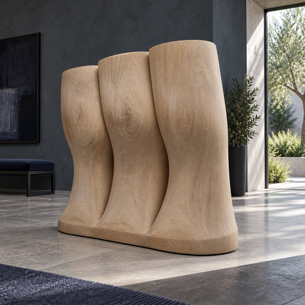 Lateral Drift, teak wood floor sculpture — interior view