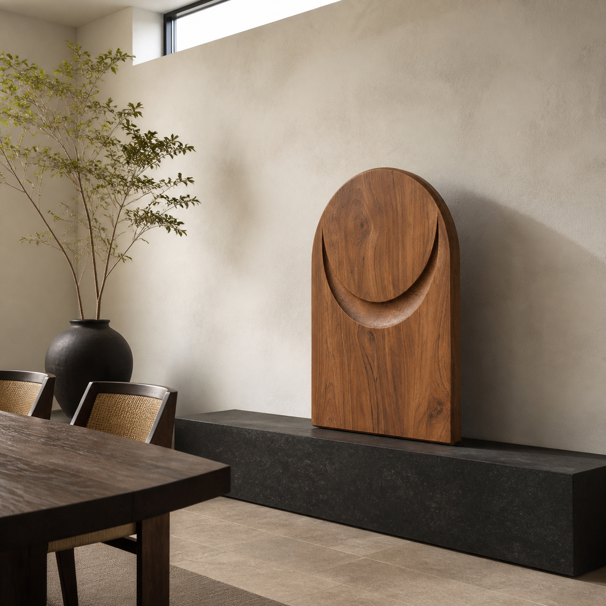 Crescent Plinth, abstract teak wood sculpture — interior view