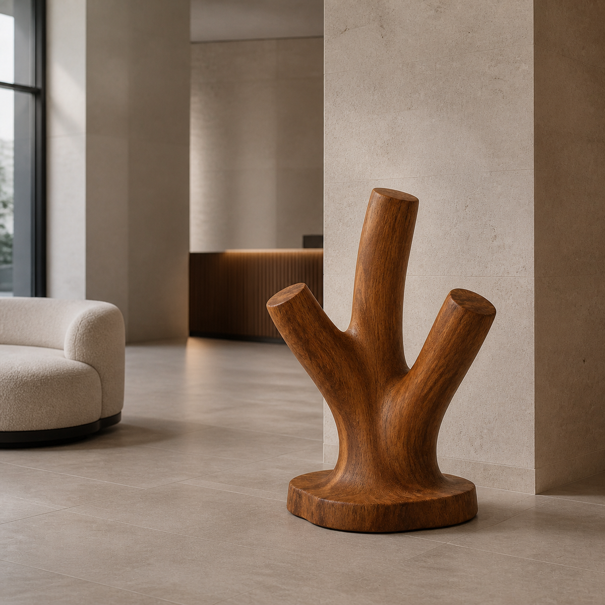 Triune Reach, teak wood floor sculpture — interior view
