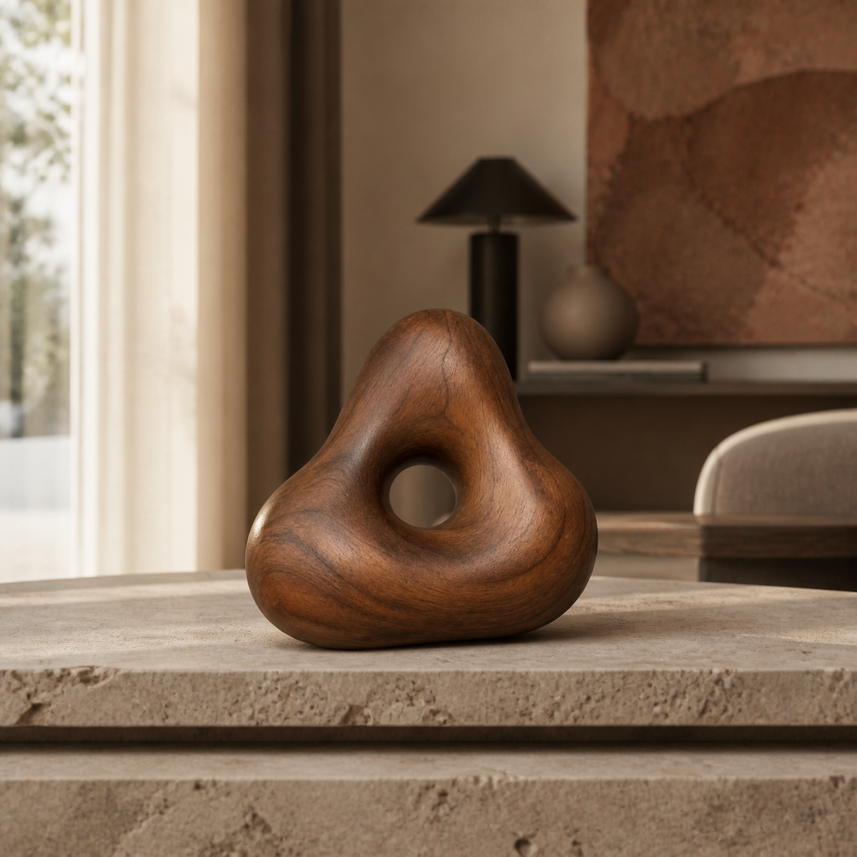 Knotted Aperture, teak wood tabletop sculpture — interior view