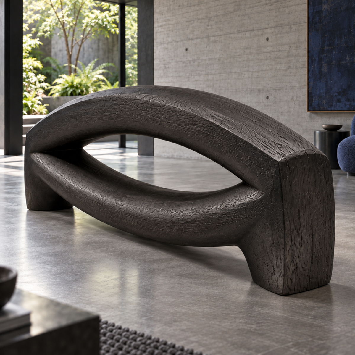 Bowed Traverse, teak wood floor sculpture — interior view