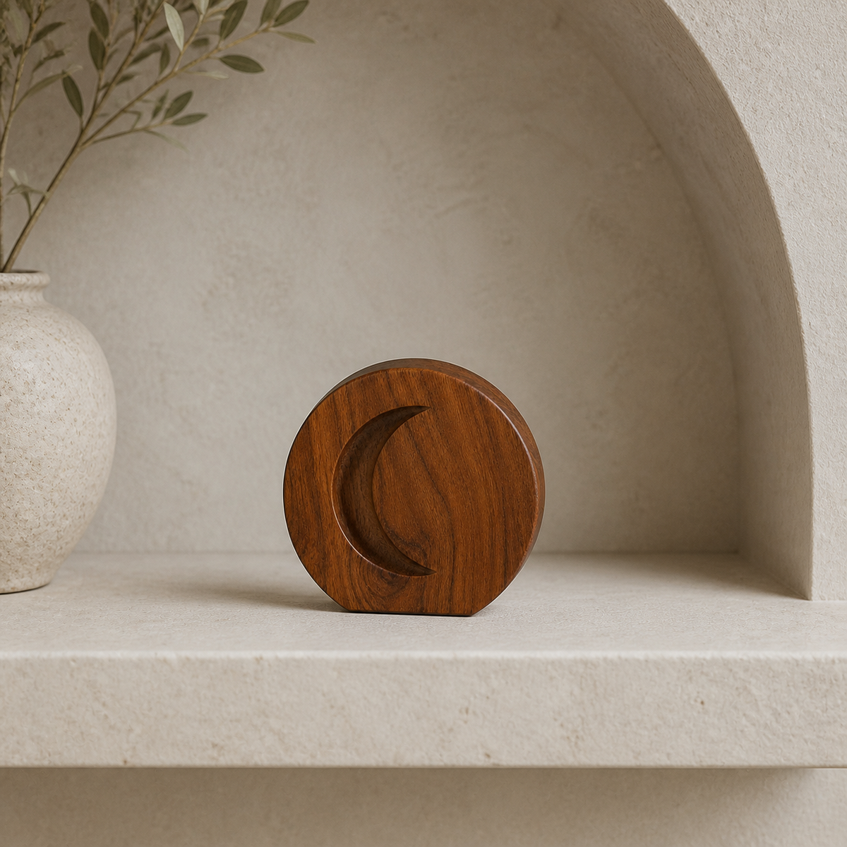Crescent Token, teak wood tabletop sculpture — interior view