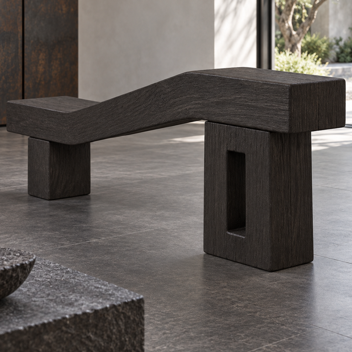 Cranked Beam, teak wood floor sculpture — interior view