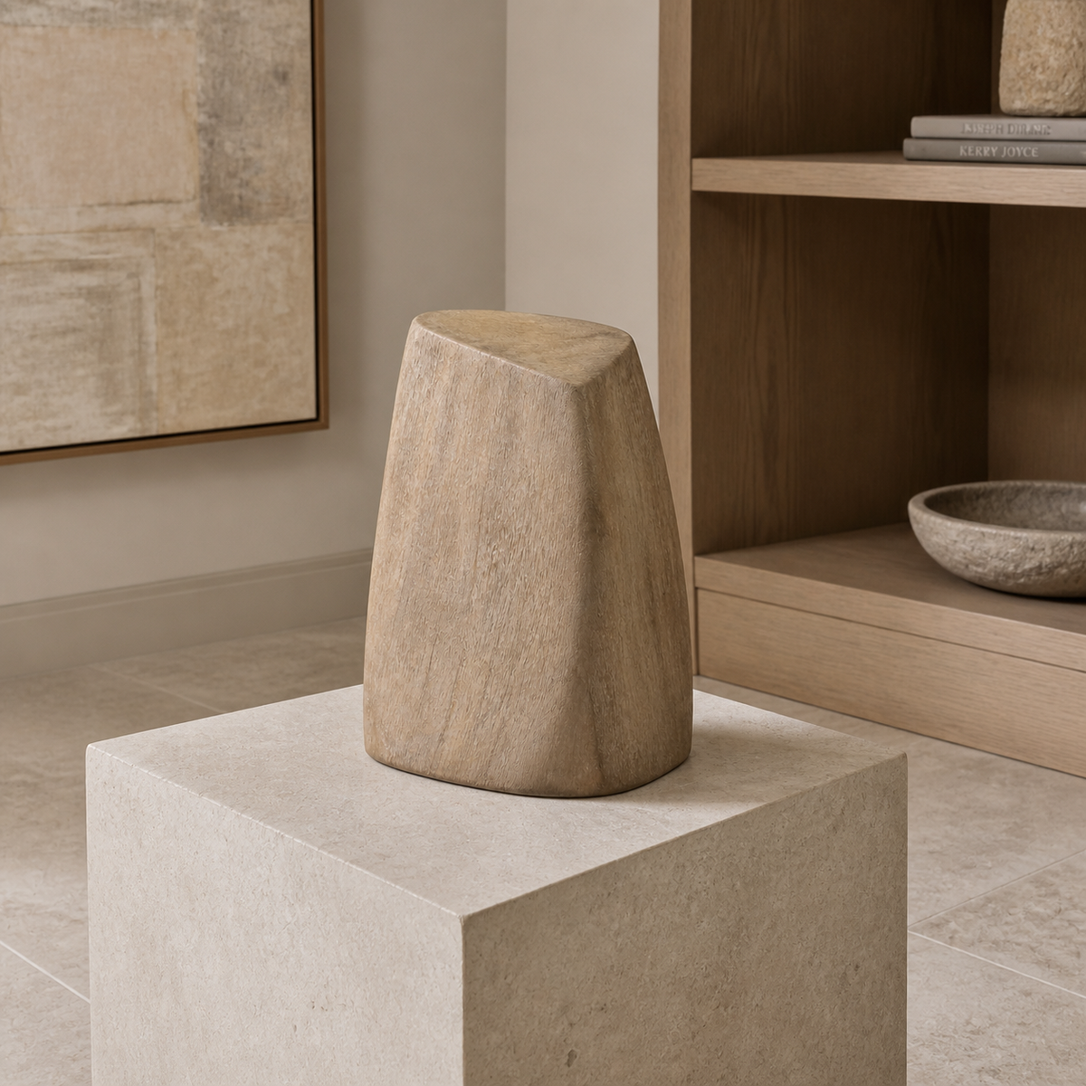 Soft Quoin, abstract teak wood sculpture — interior view