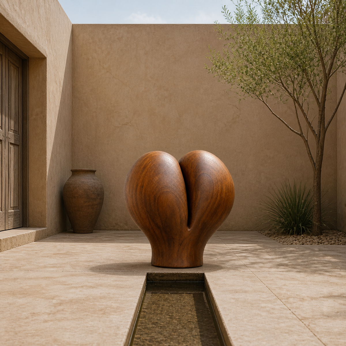 Split Bloom, abstract teak wood sculpture — interior view