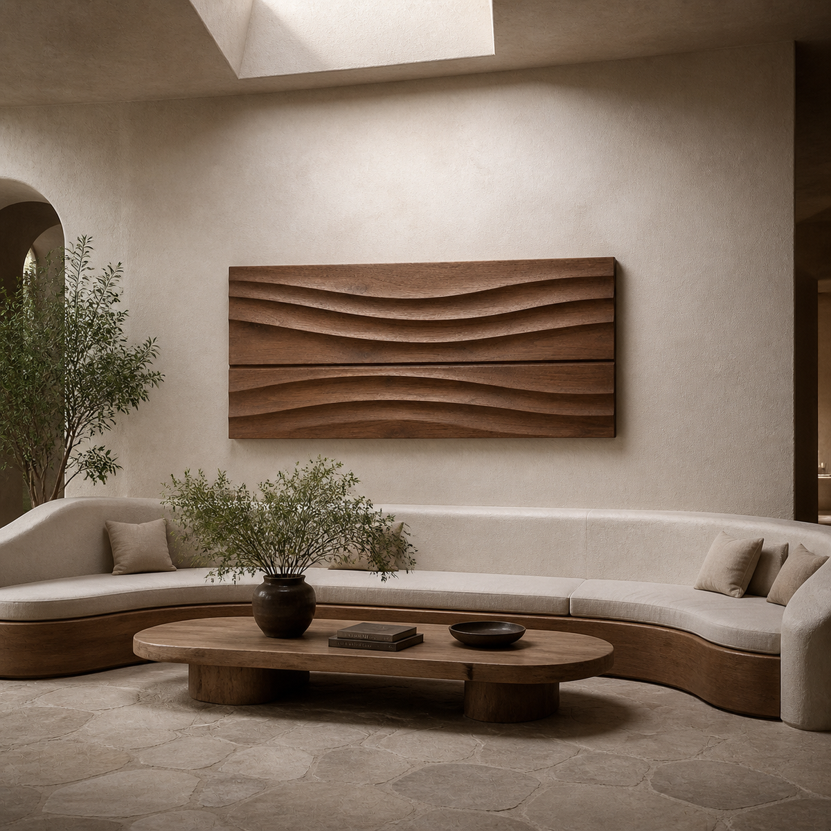 Still Horizon Relief, carved teak wood wall art — interior view