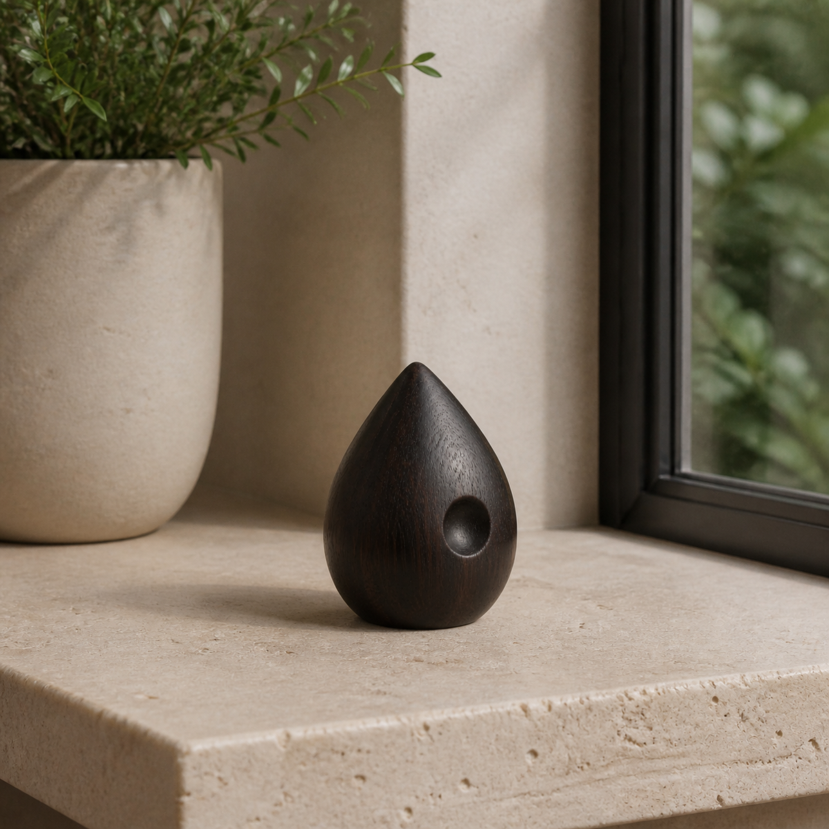 Quiet Seed, teak wood tabletop sculpture — interior view