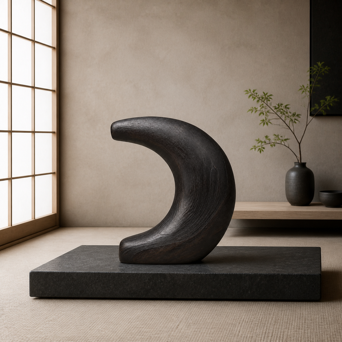 Cantilever Moon, abstract teak wood sculpture — interior view