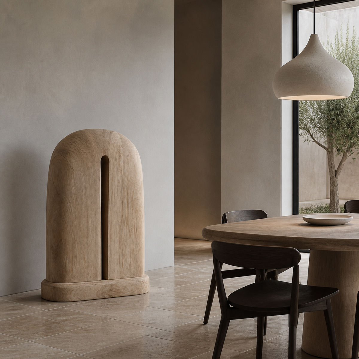 Crowned Slot — Teak Floor Sculpture