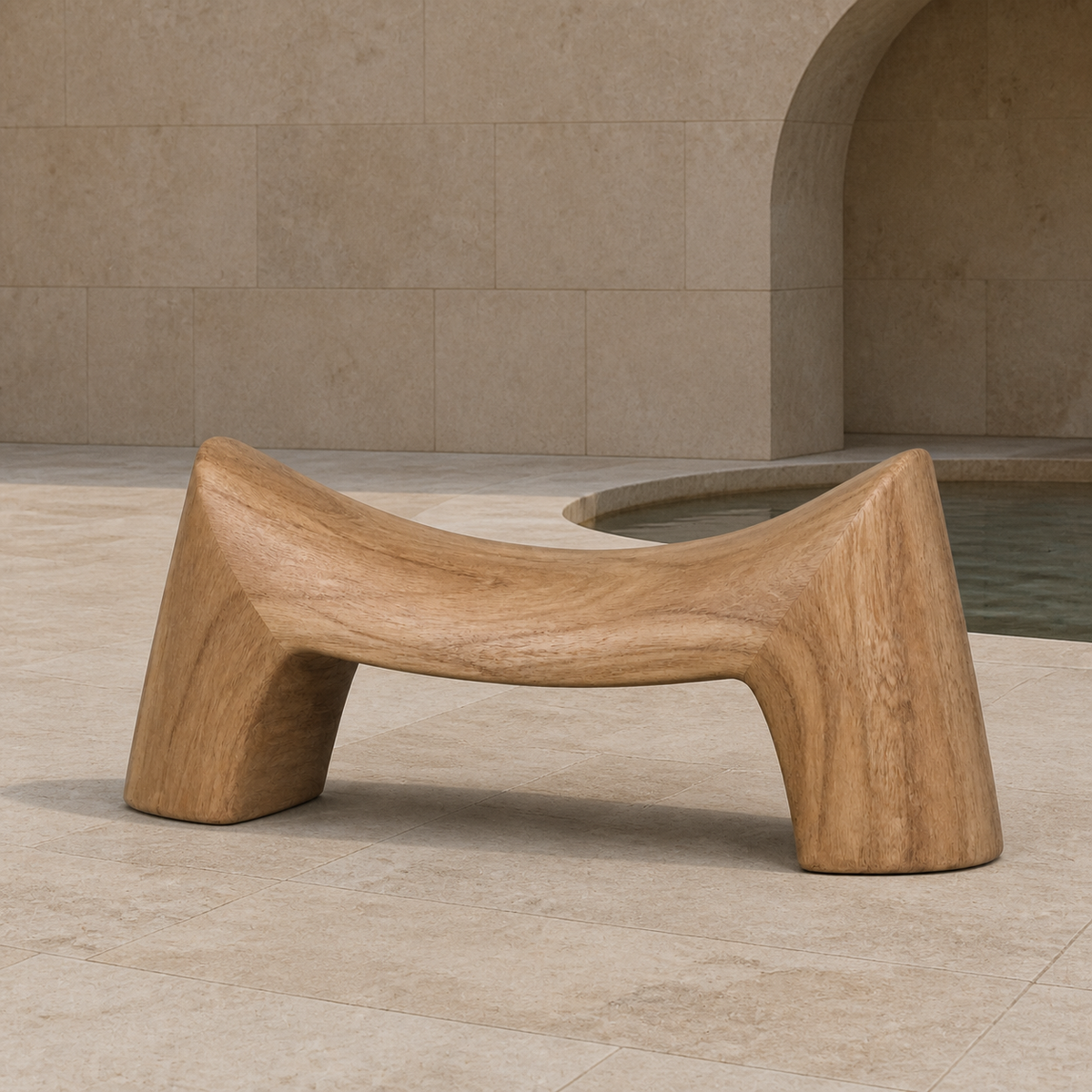 Arc Beam, teak wood console sculpture — interior view