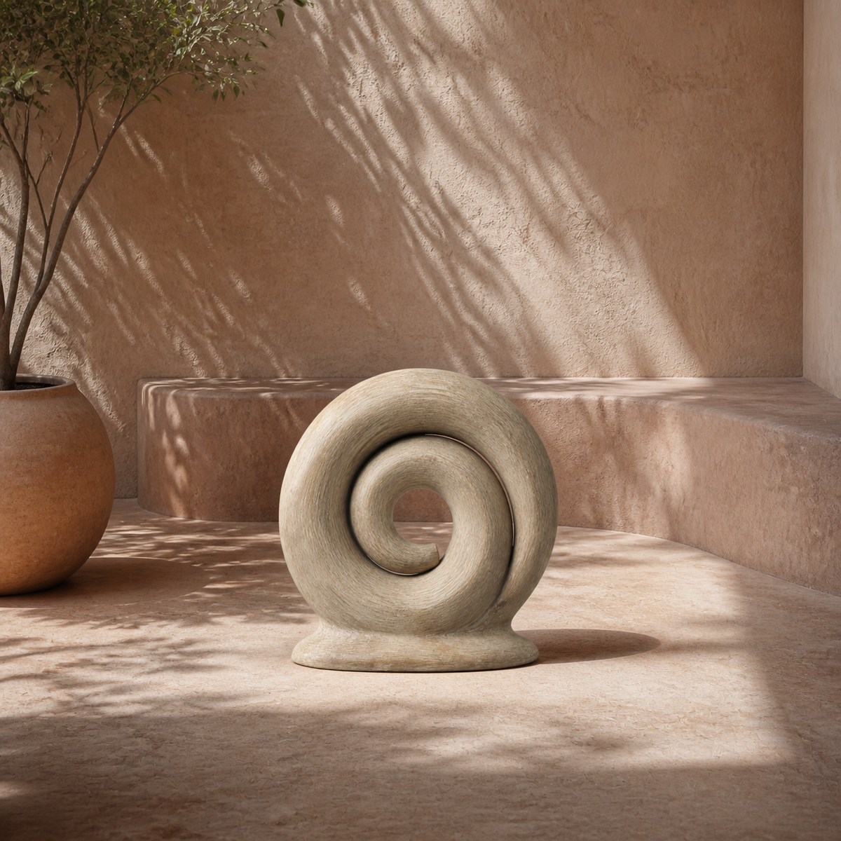 Quiet Coil, abstract teak wood sculpture — interior view