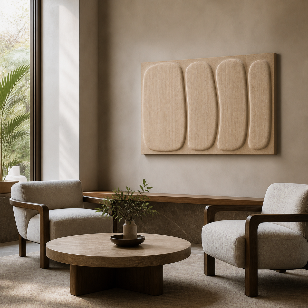 Compression Field Relief, carved teak wood wall art — interior view