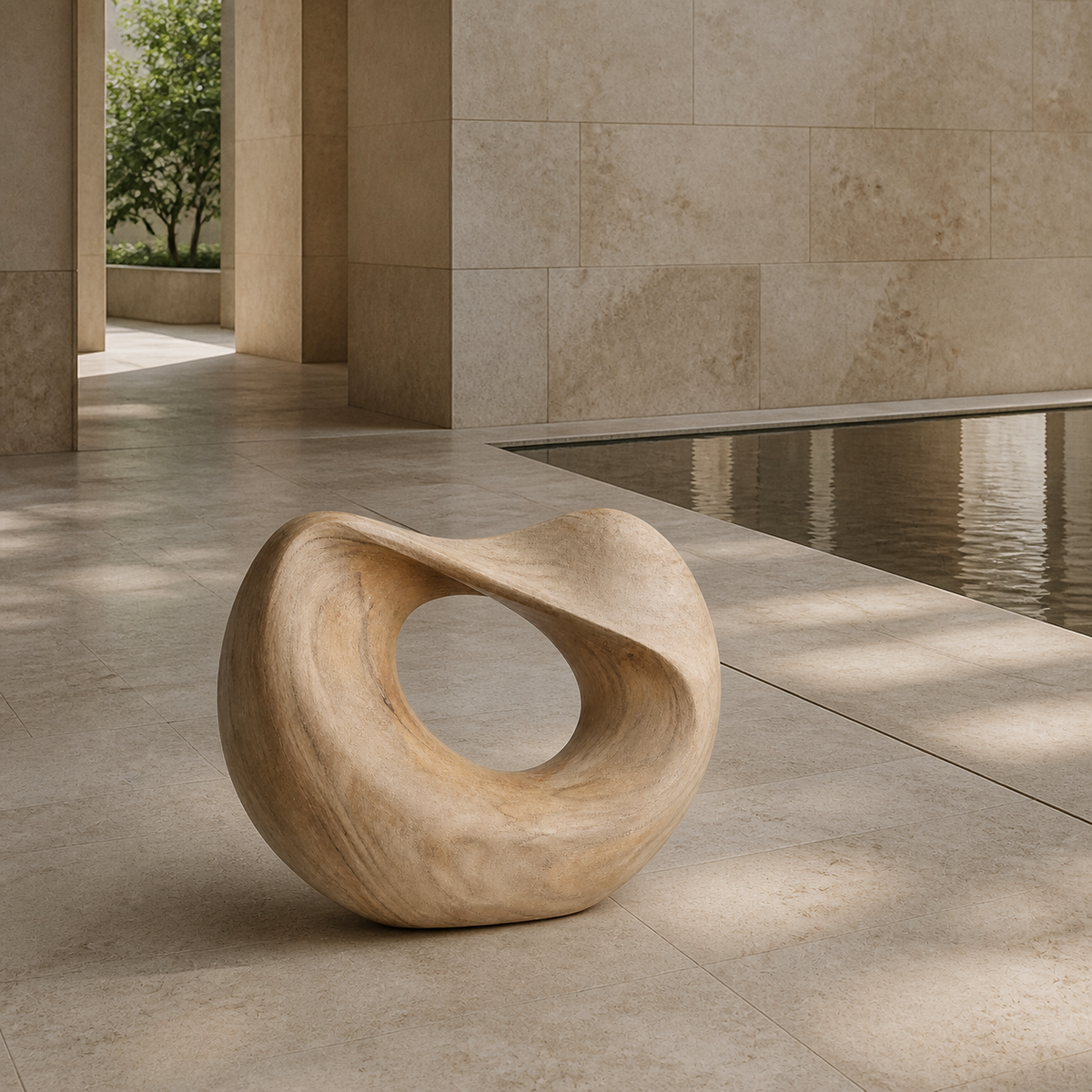 Folded Orbit, abstract teak wood sculpture — interior view