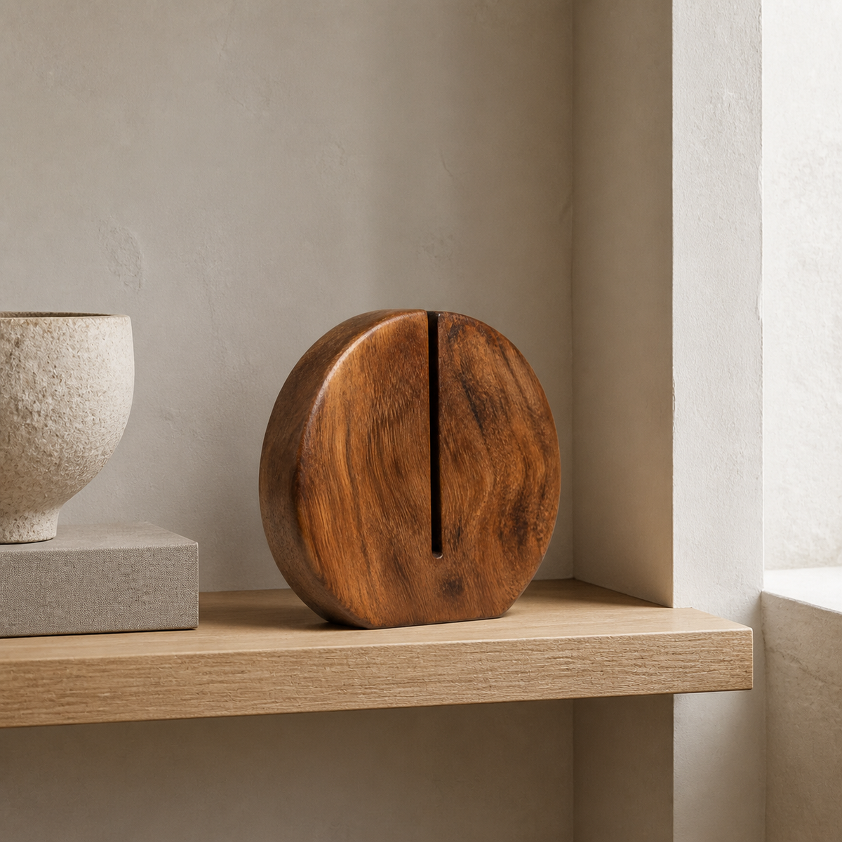 Split Disc Study, teak wood tabletop sculpture — interior view
