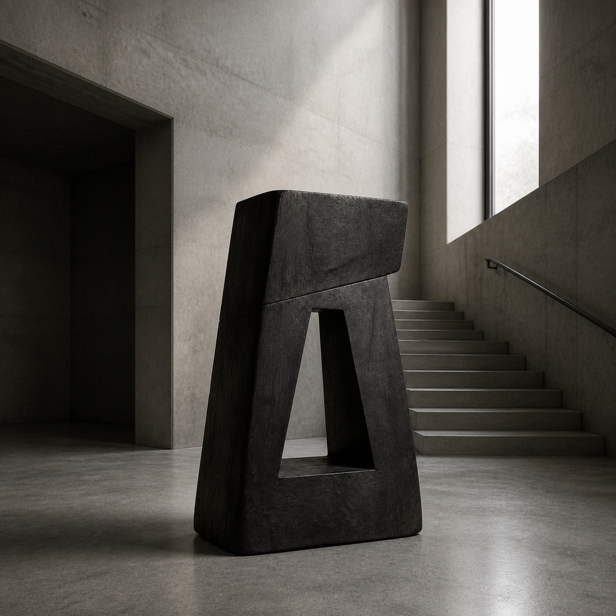 Sheared Portal, teak wood floor sculpture — interior view