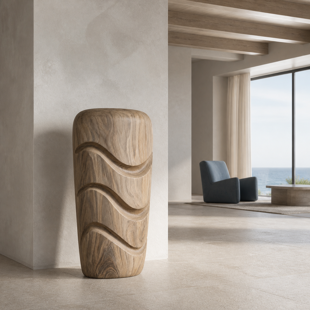 Tidal Column, teak wood floor sculpture — interior view