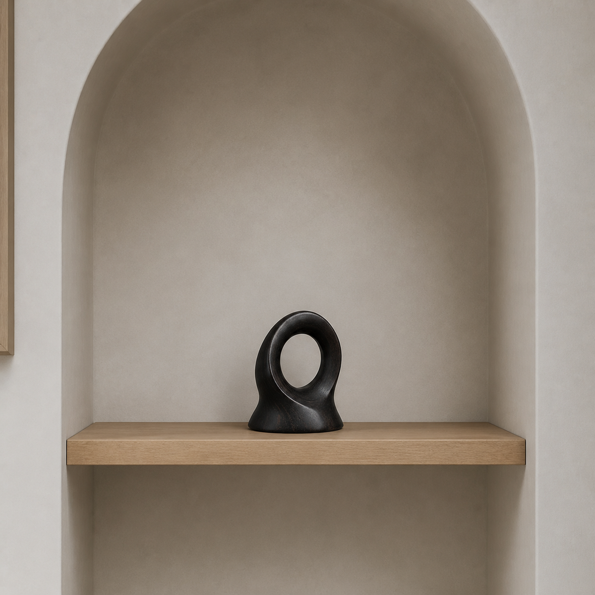 Rooted Loop, teak wood tabletop sculpture — interior view