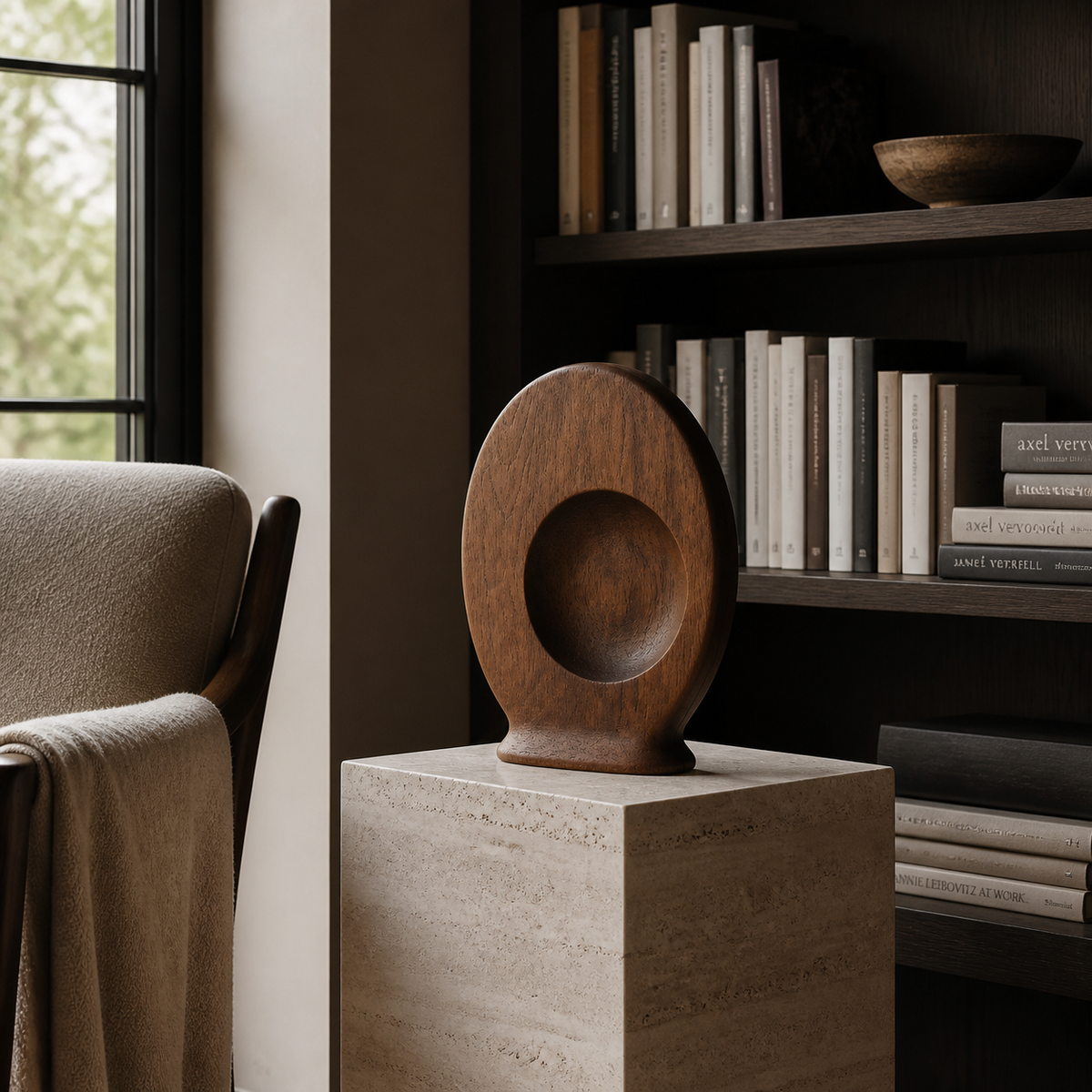 Pressed Orbit, abstract teak wood sculpture — interior view