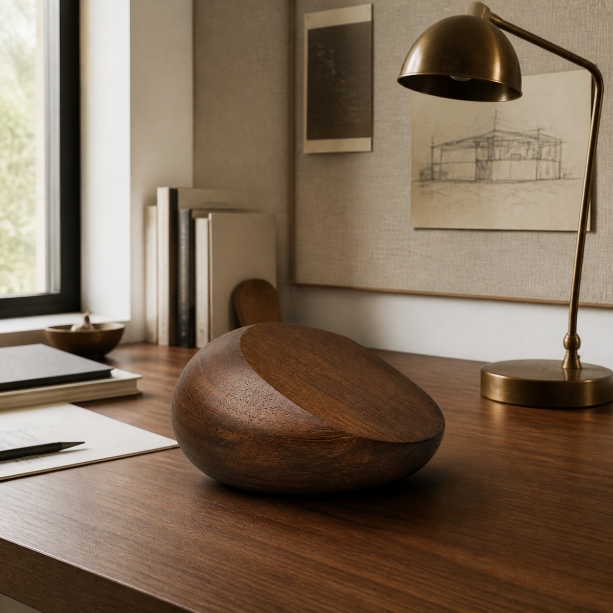 Oblique Stone — Teak Tabletop Sculpture