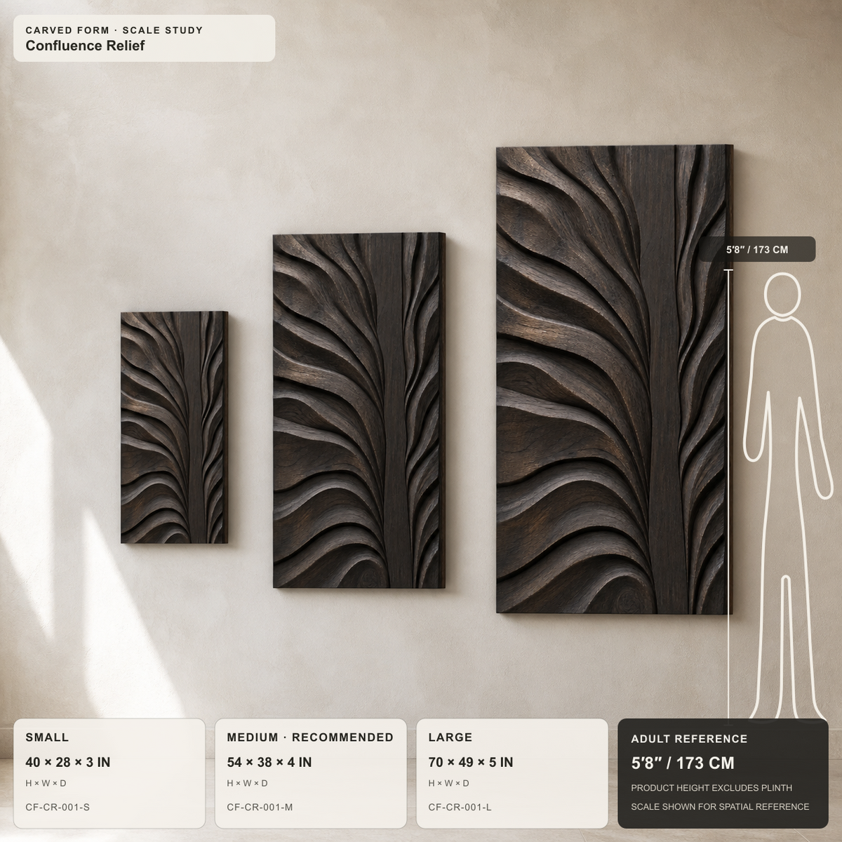Confluence Relief, carved teak wood wall art — size and scale study