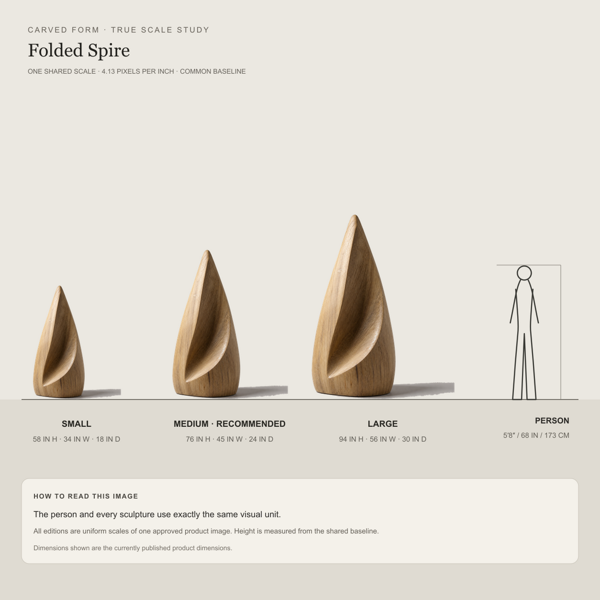 Folded Spire, teak wood floor sculpture — size and scale study