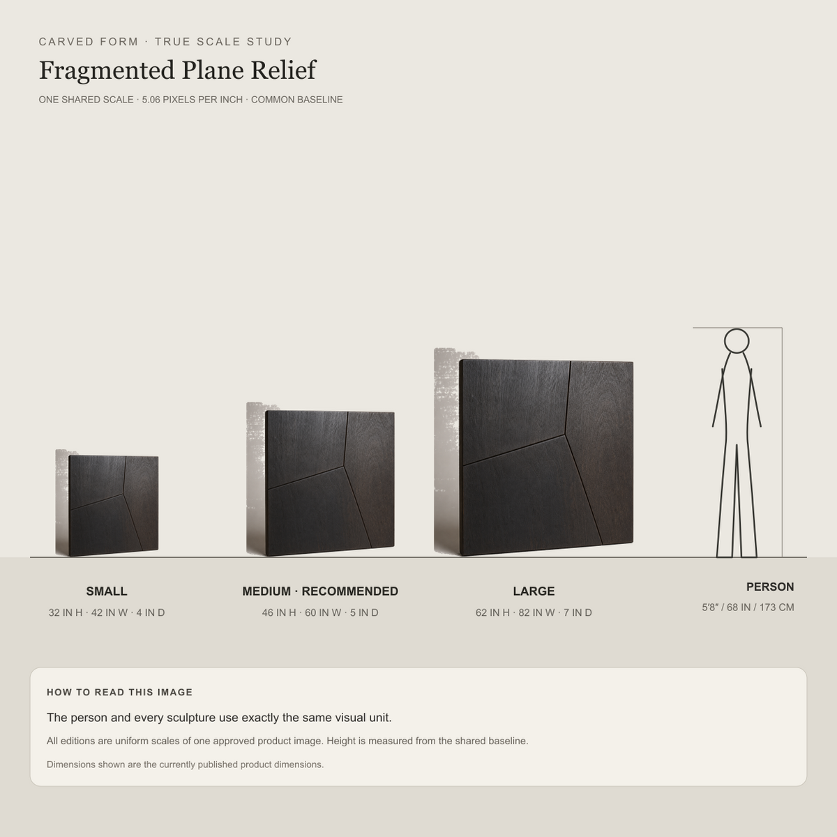Fragmented Plane Relief, carved teak wood wall art — size and scale study