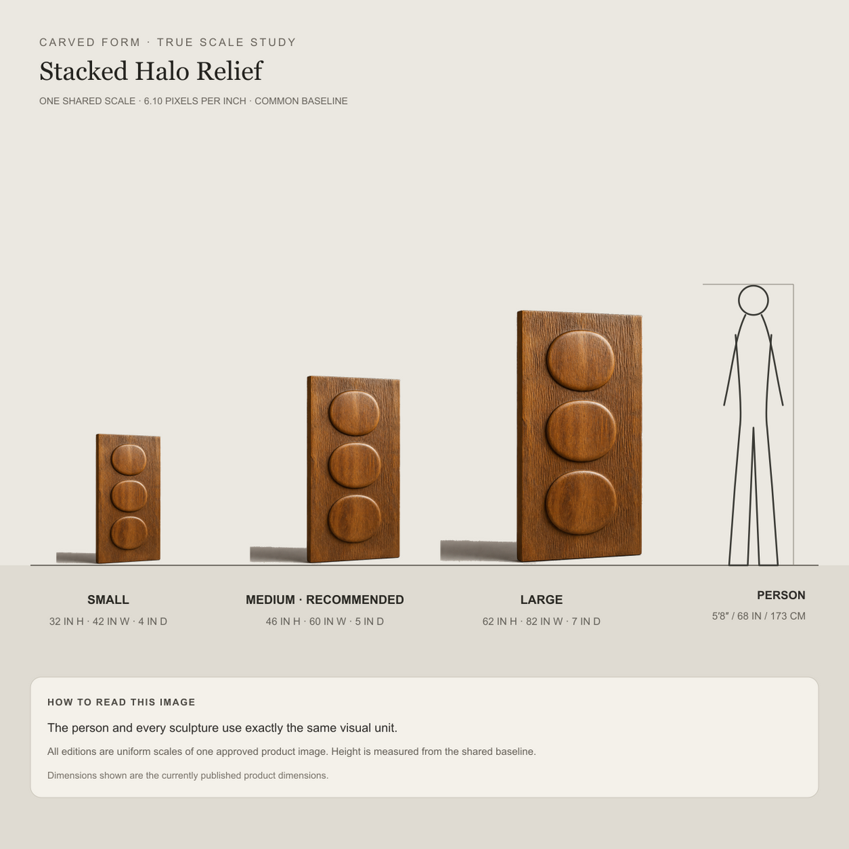 Stacked Halo Relief, carved teak wood wall art — size and scale study