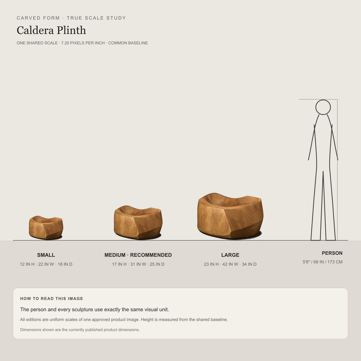 Caldera Plinth, abstract teak wood sculpture — size and scale study