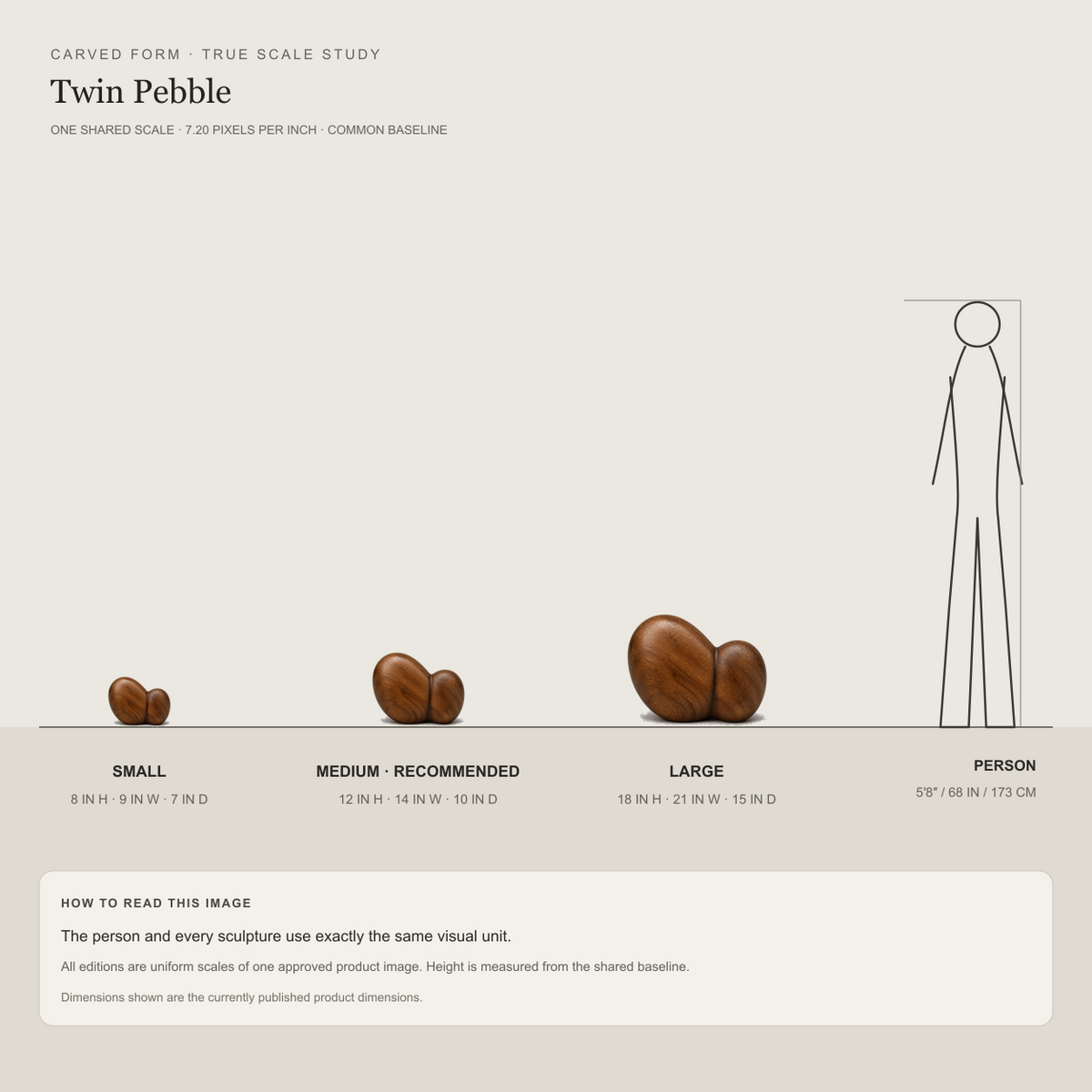Twin Pebble, teak wood tabletop sculpture — size and scale study