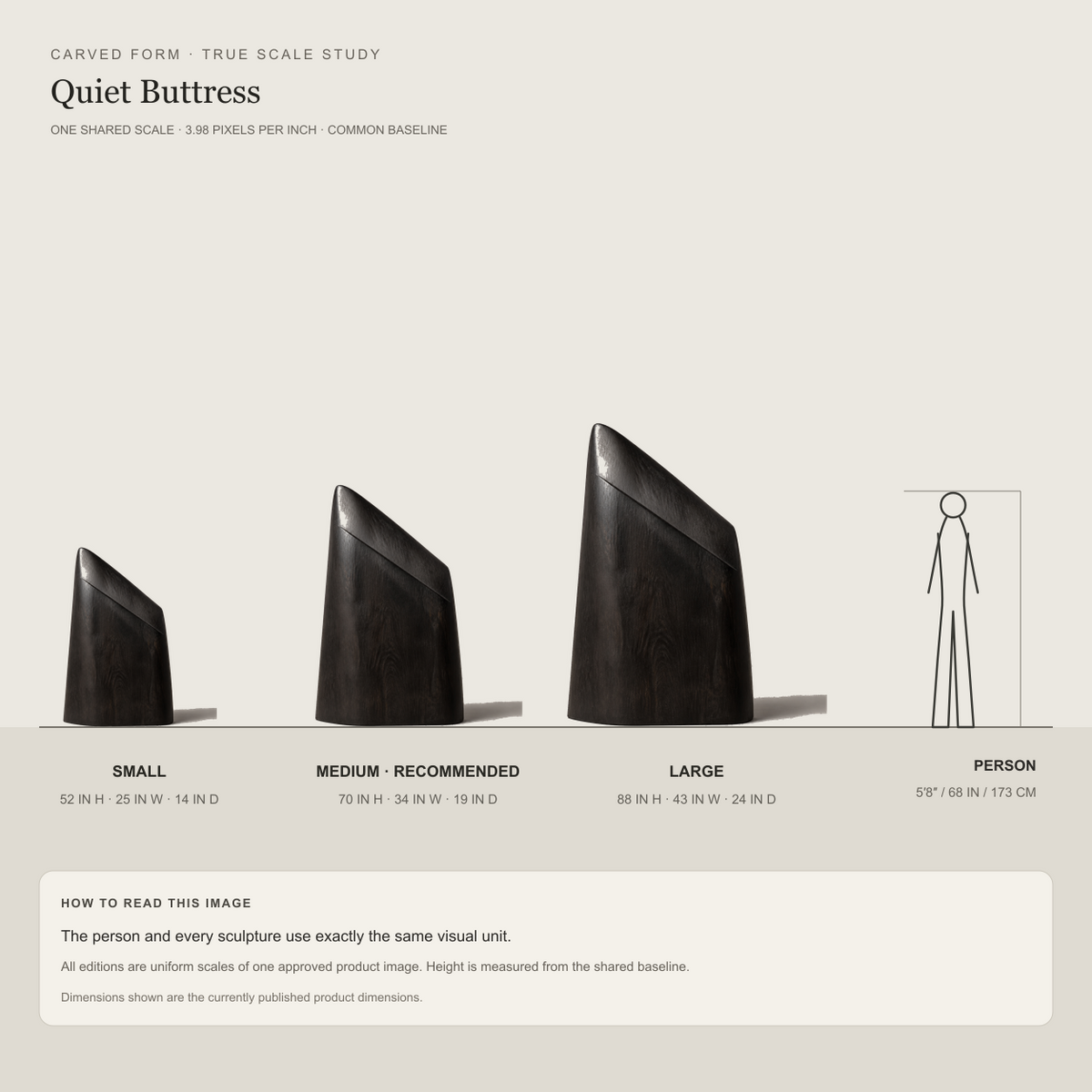 Quiet Buttress, teak wood floor sculpture — size and scale study