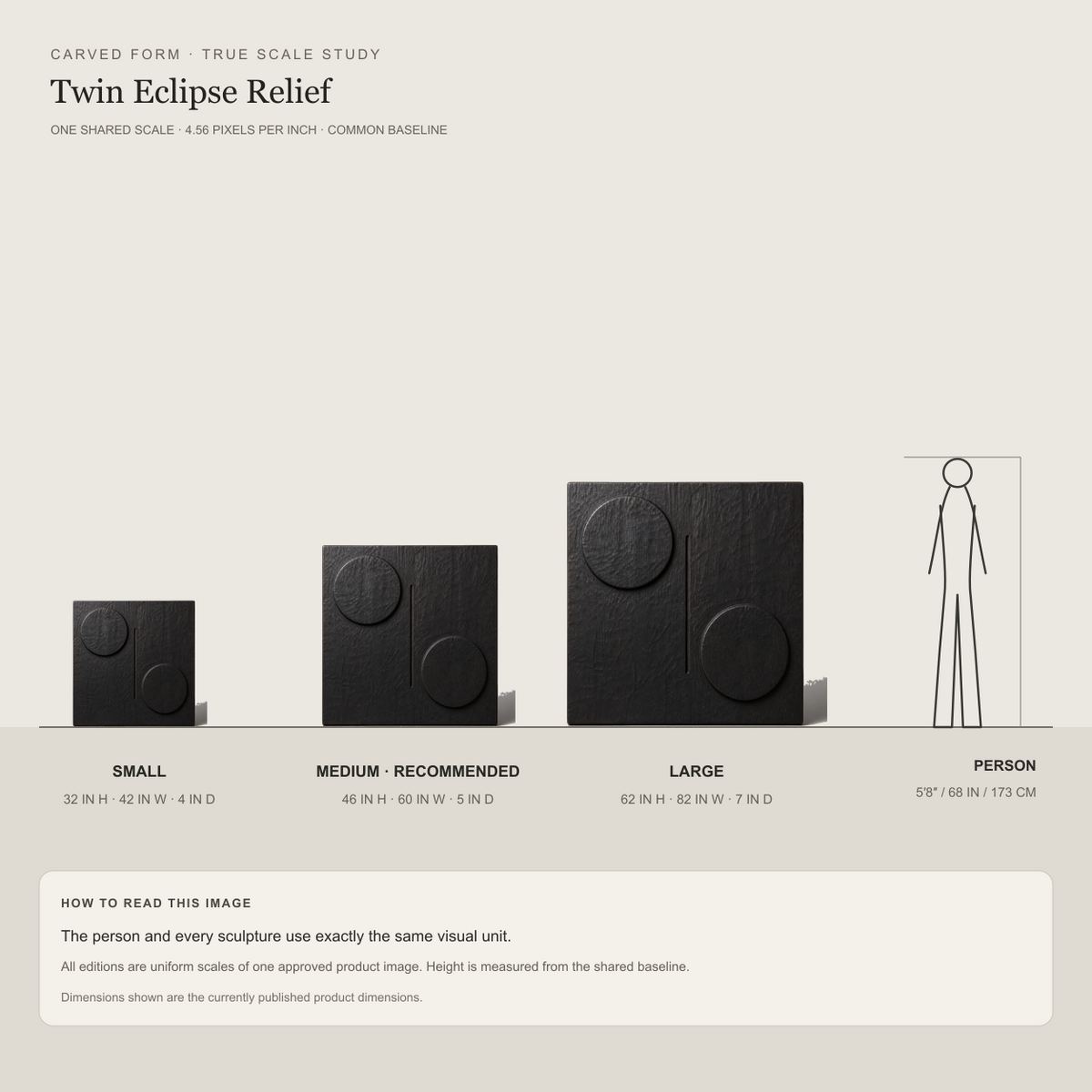 Twin Eclipse Relief, carved teak wood wall art — size and scale study
