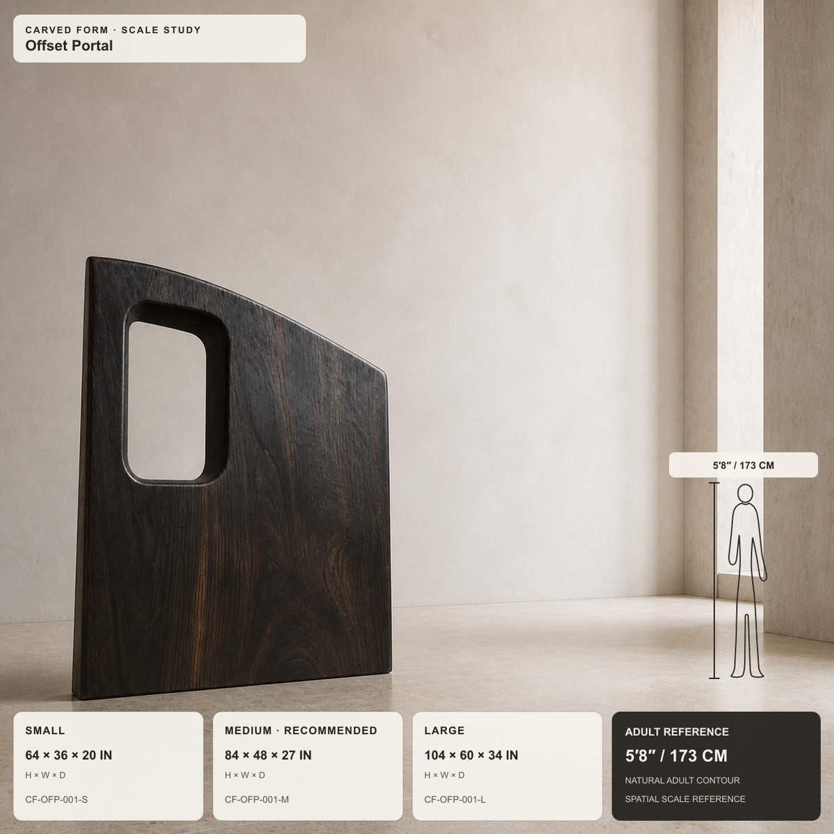 Offset Portal, teak wood floor sculpture — size and scale study