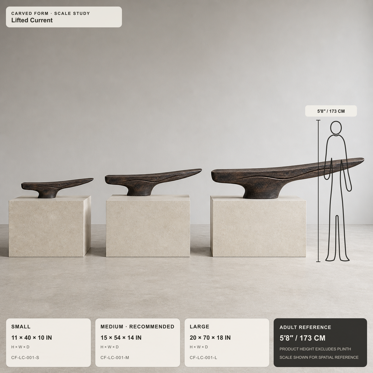 Lifted Current, teak wood console sculpture — size and scale study