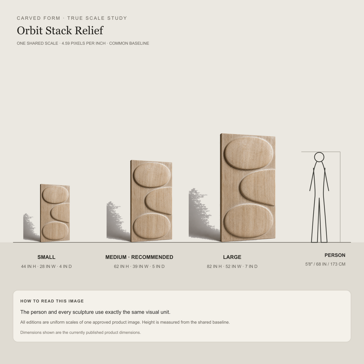 Orbit Stack Relief, carved teak wood wall art — size and scale study