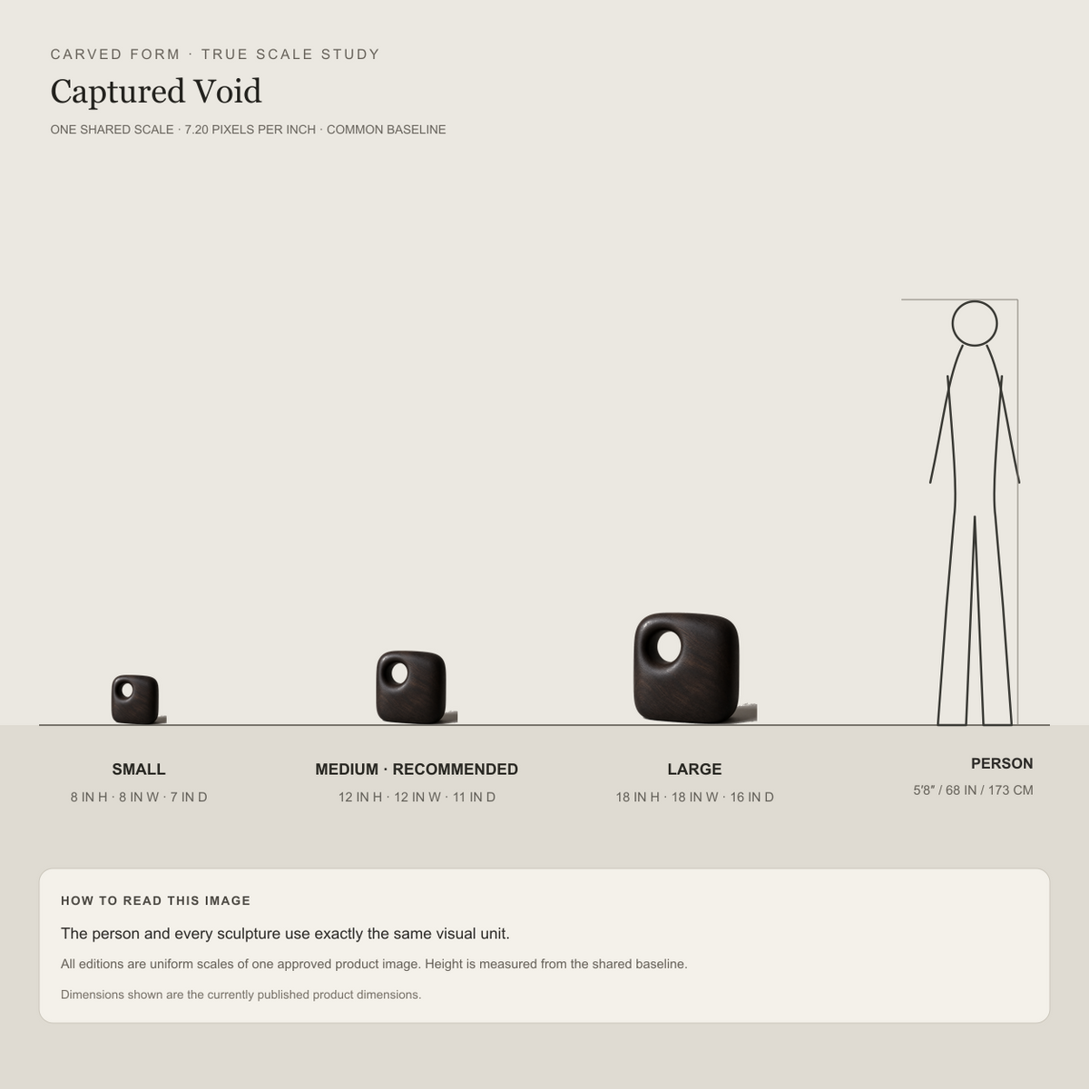 Captured Void, teak wood tabletop sculpture — size and scale study