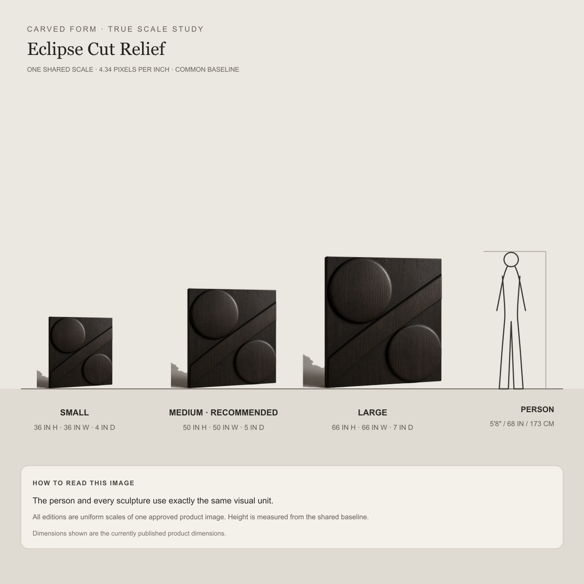 Eclipse Cut Relief, carved teak wood wall art — size and scale study