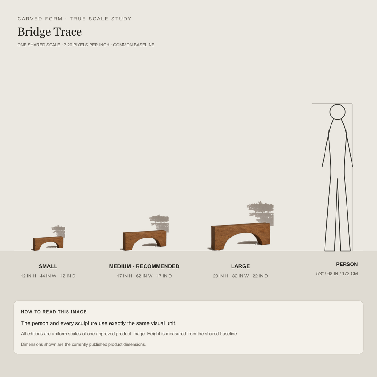 Bridge Trace, teak wood console sculpture — size and scale study