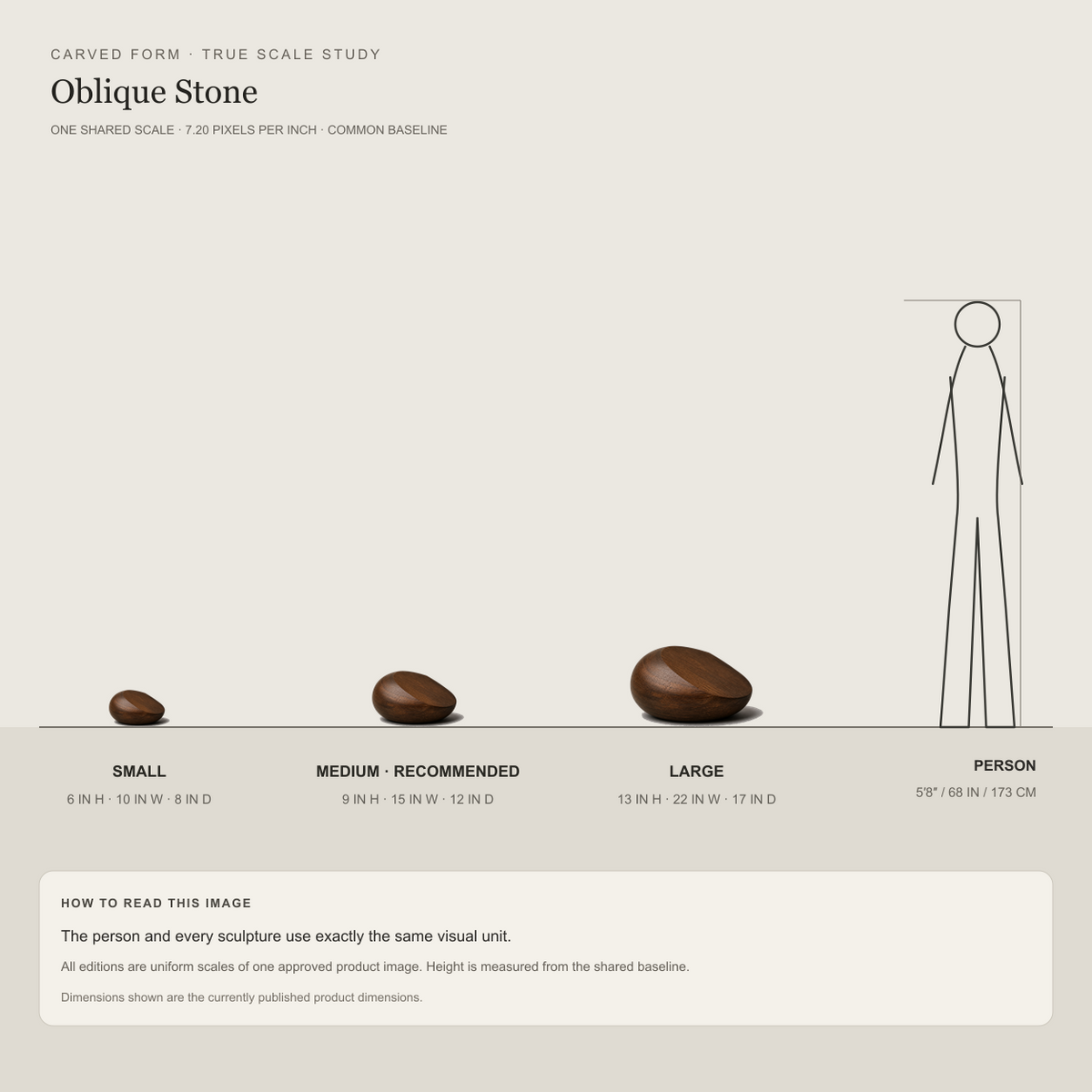 Oblique Stone, teak wood tabletop sculpture — size and scale study