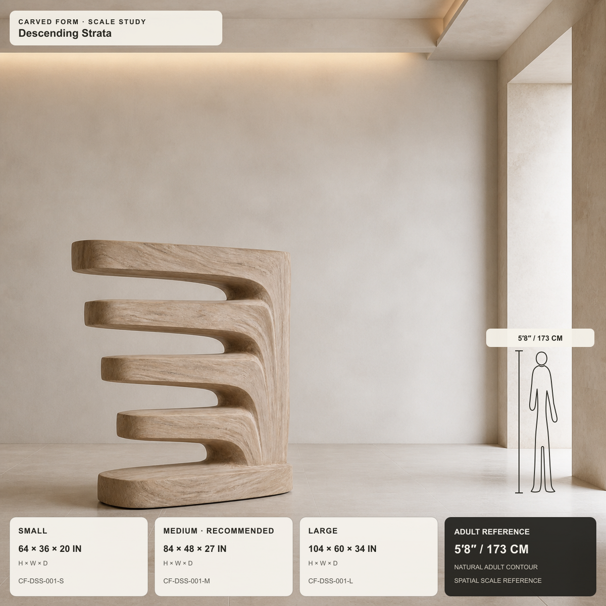 Descending Strata, teak wood floor sculpture — size and scale study
