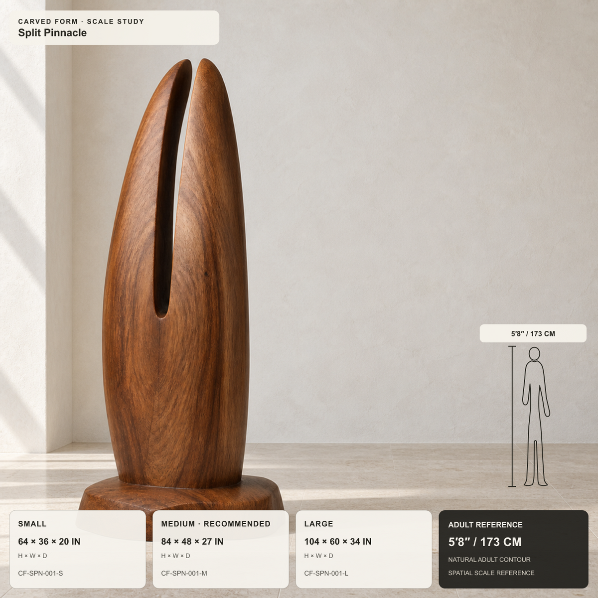 Split Pinnacle, teak wood floor sculpture — size and scale study