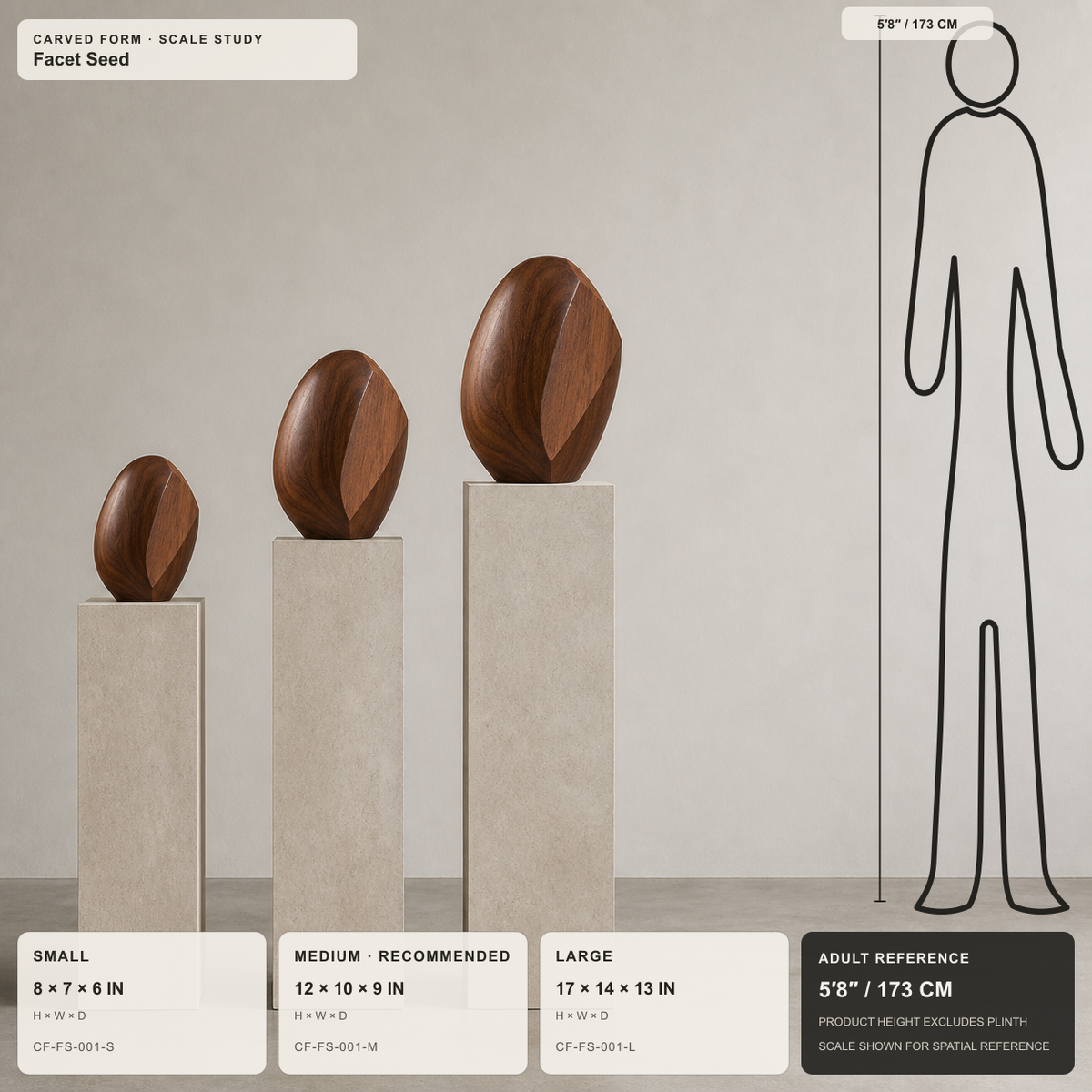 Facet Seed, teak wood tabletop sculpture — size and scale study