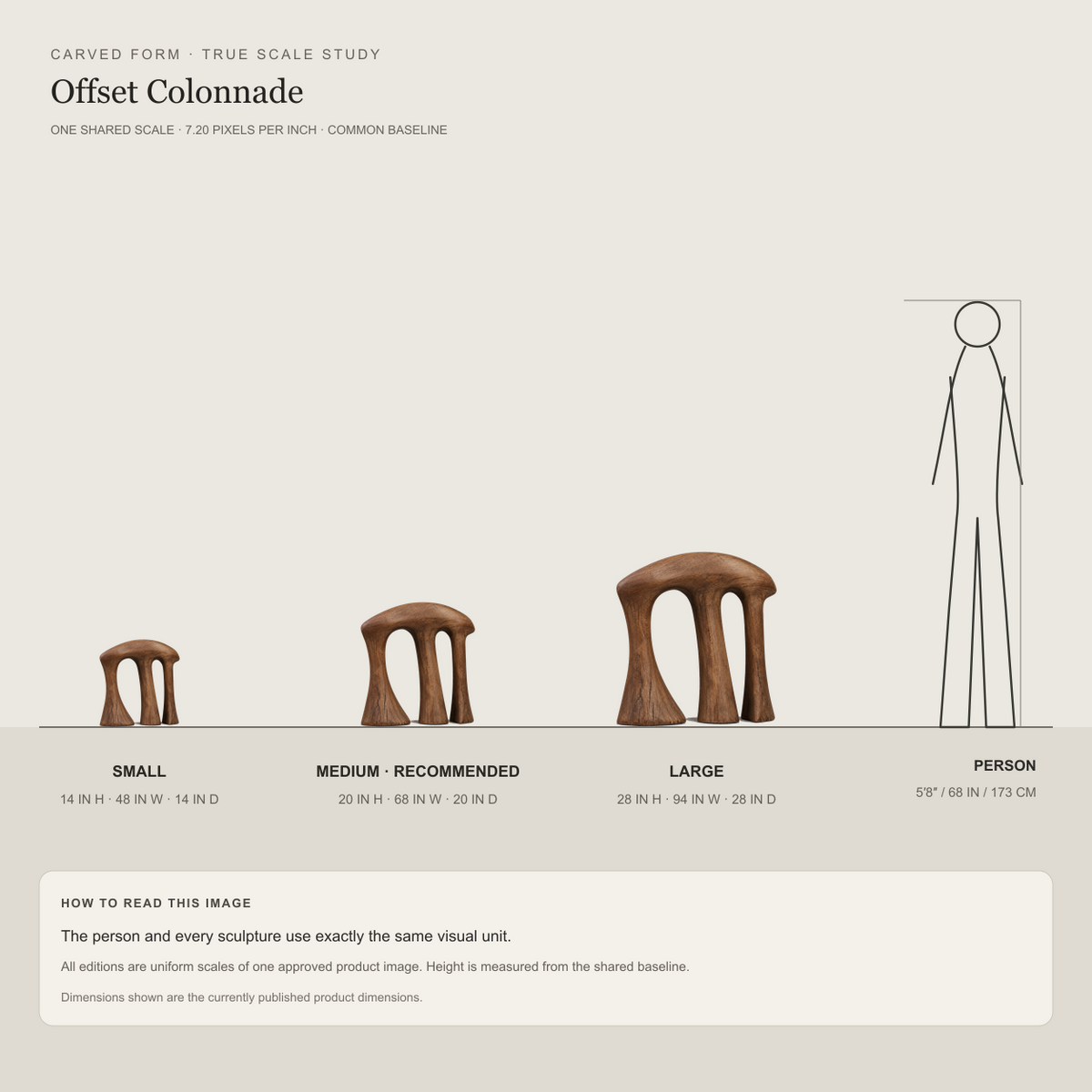 Offset Colonnade, teak wood console sculpture — size and scale study