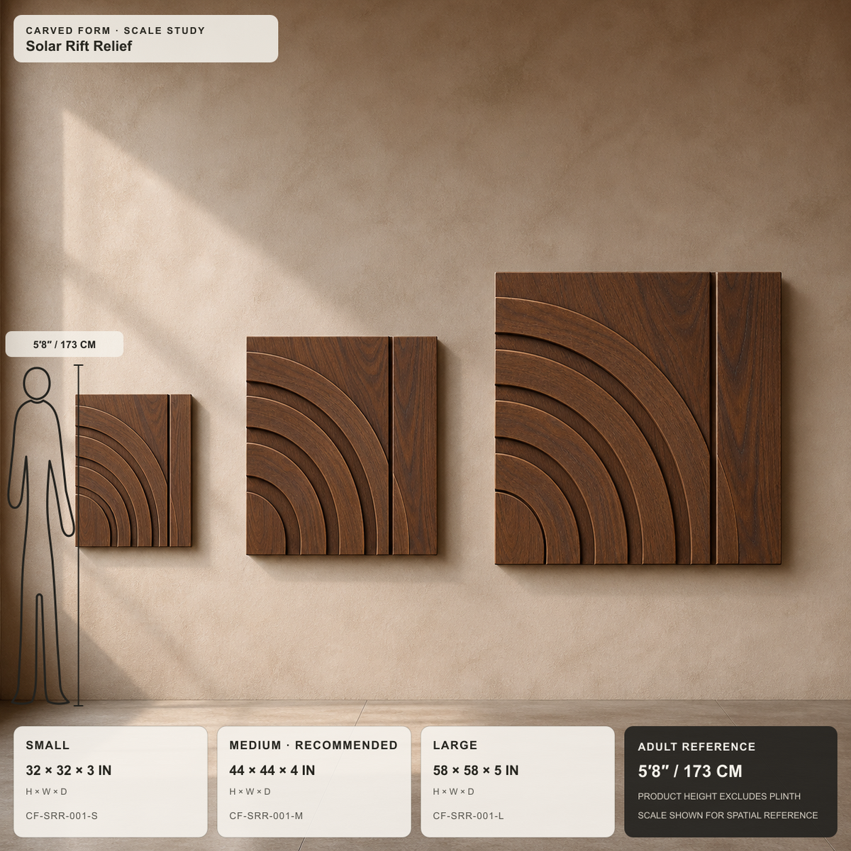 Solar Rift Relief, carved teak wood wall art — size and scale study