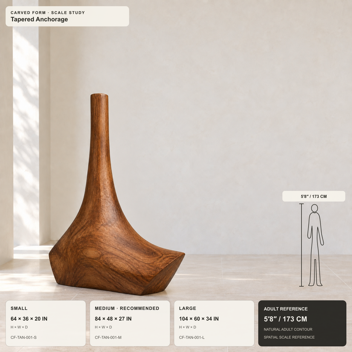 Tapered Anchorage, teak wood floor sculpture — size and scale study
