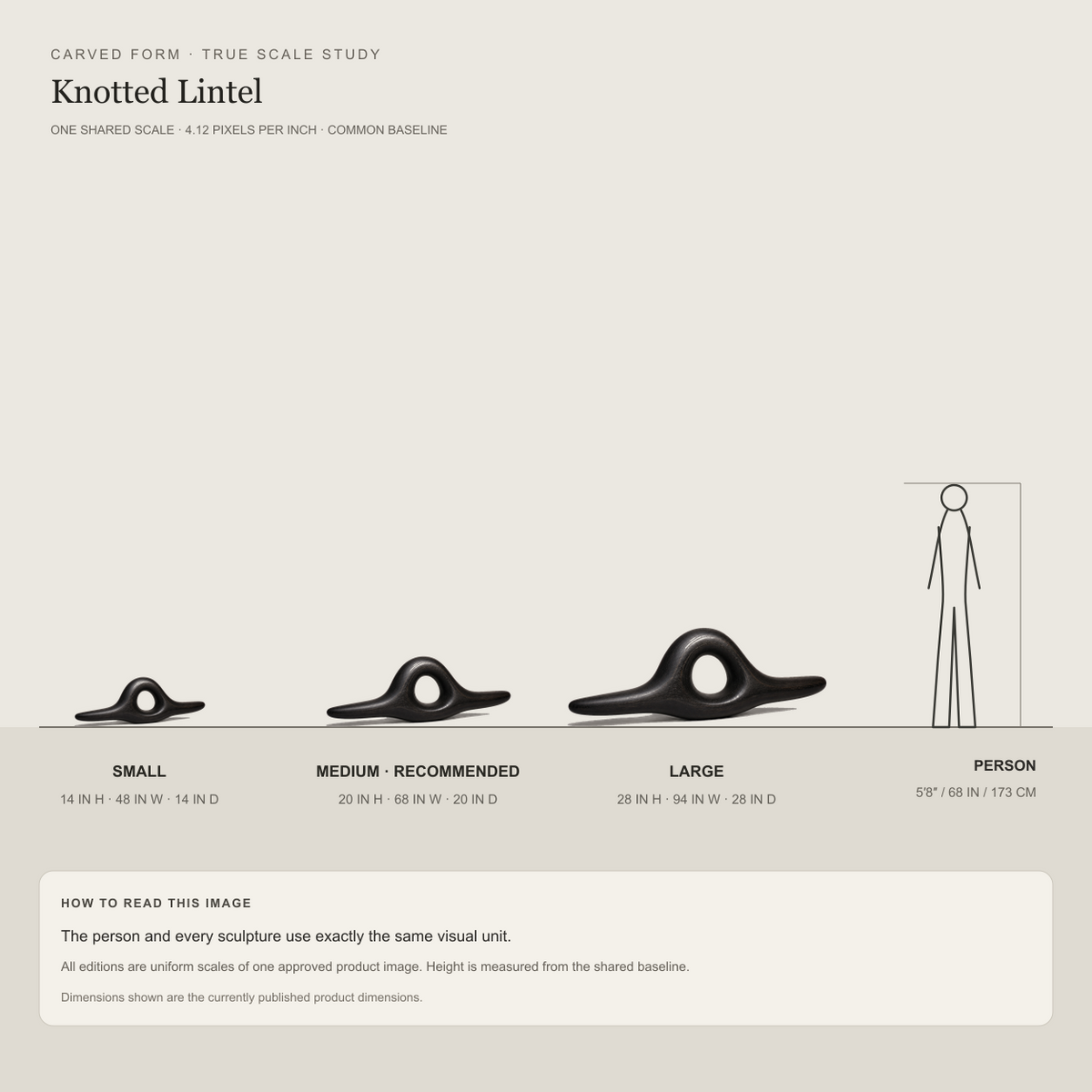 Knotted Lintel, teak wood console sculpture — size and scale study